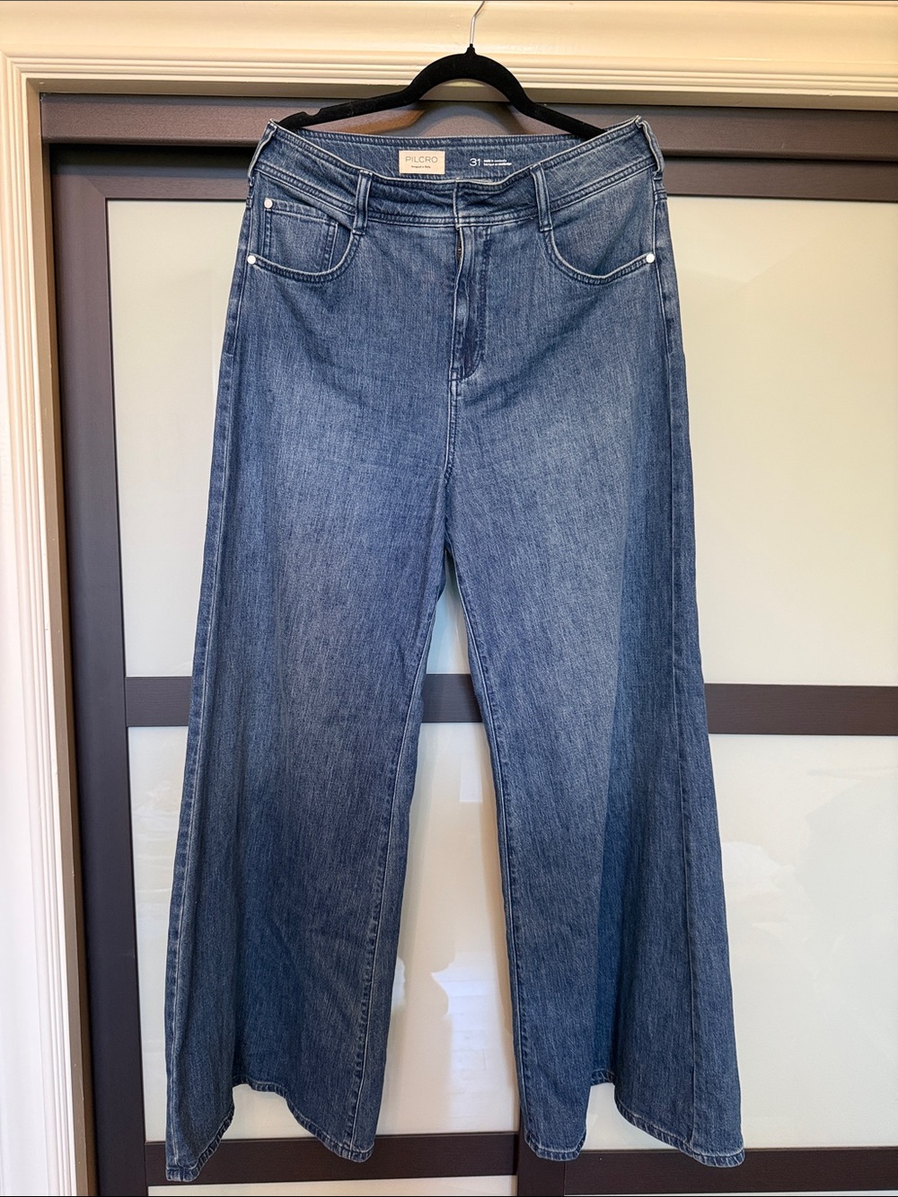 Pilcro Wide-Leg Flare Jeans in Medium Blue Denim